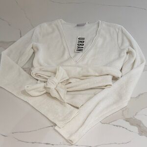 Urban Outfitters Cream cozy crop ballet-like wrap sweater